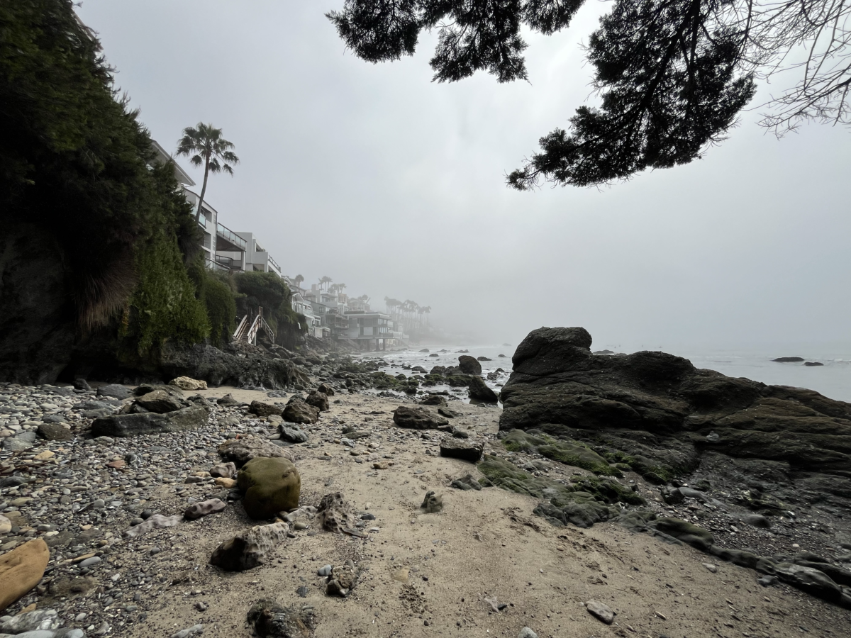 Broad Beach Malibu with rocks and morning fog. 