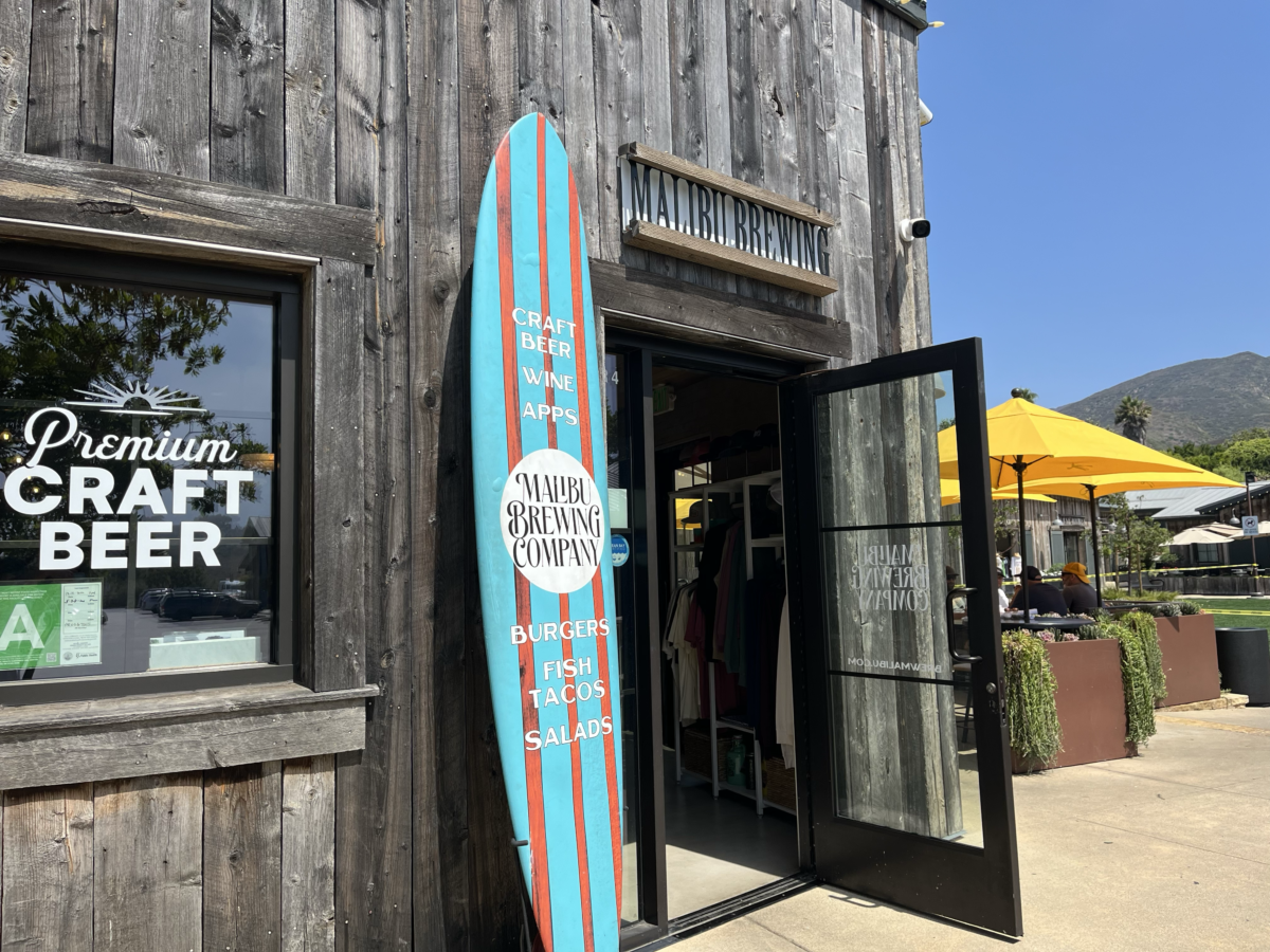 Malibu Brewing Company surfboard sign at Trancas Country Market