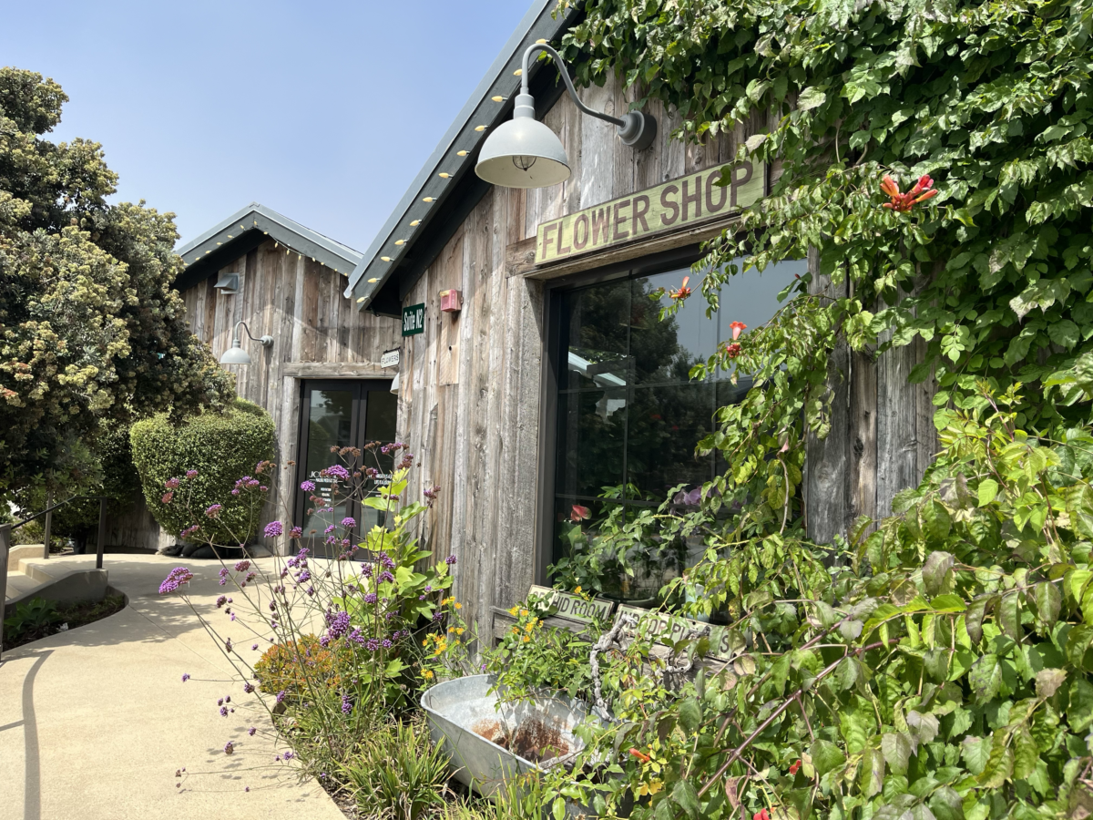 Flower Shop sign with plants on building at Trancas Country Market