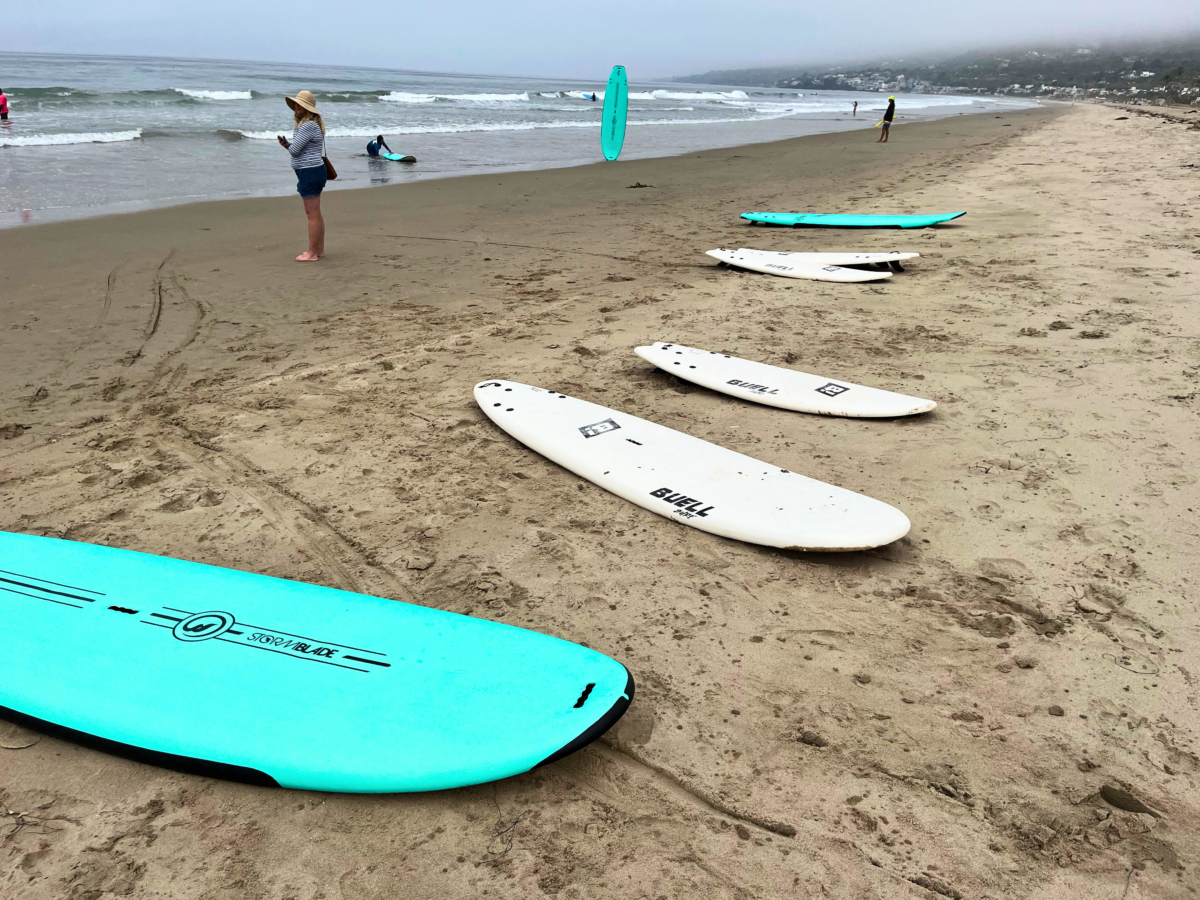 Surfboards laid out on the beach.