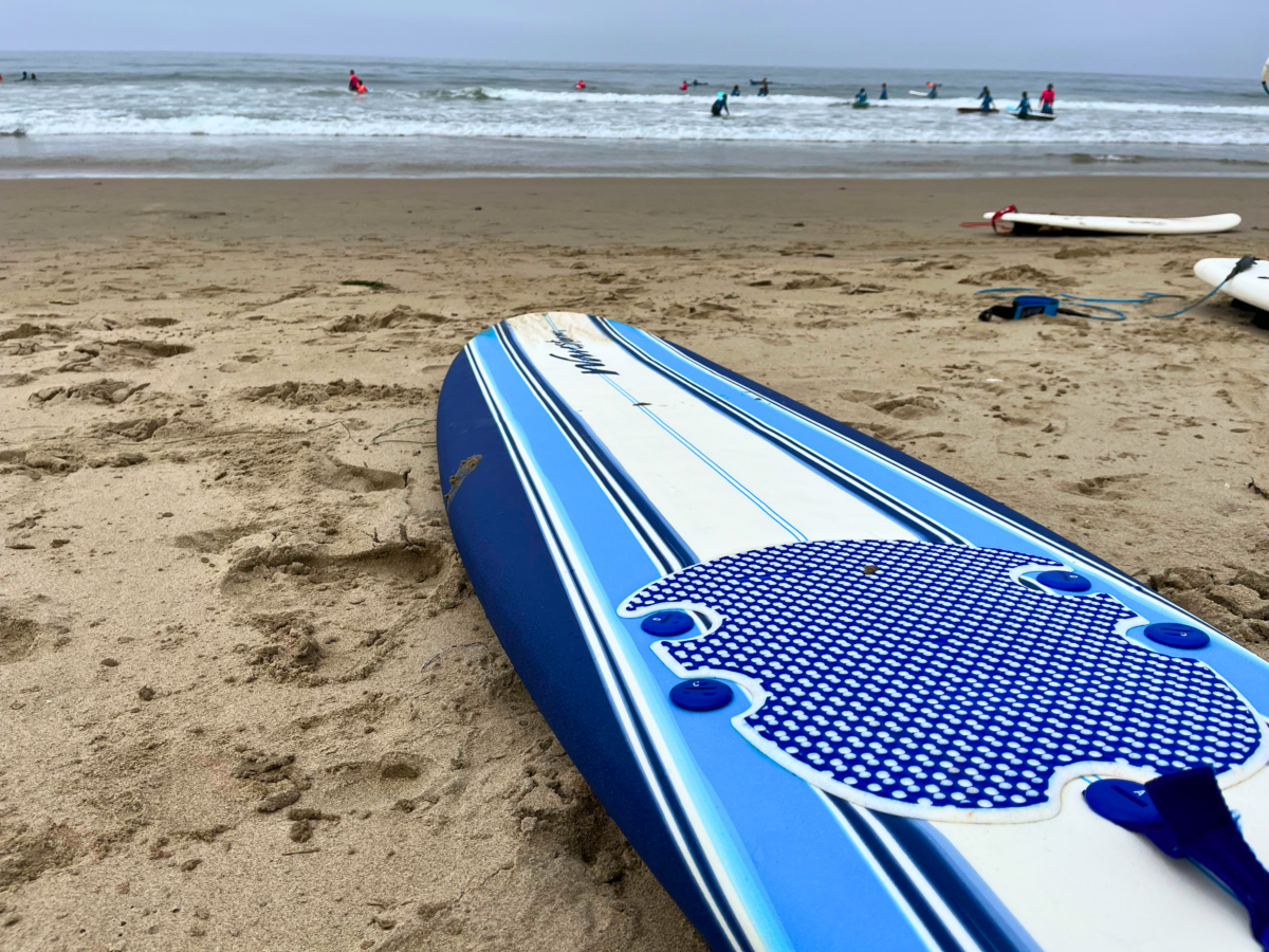 Surfboard with Zuma beach and ocean in the background