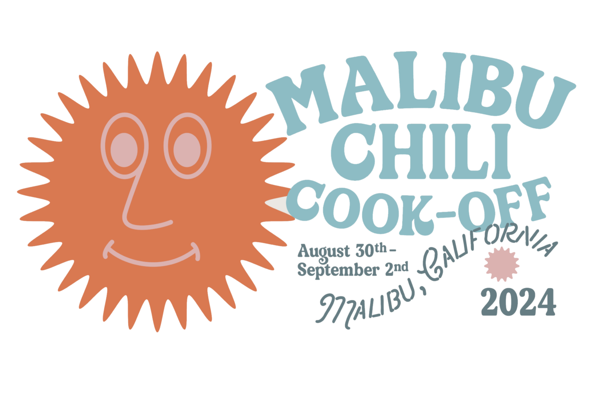 Malibu Chili Cook-Off 2024 logo with a vintage inspired smilign sun and text that reads  "Malibu Chili Cook-Off, August 30th- September 2nd Malibu, California 2024"